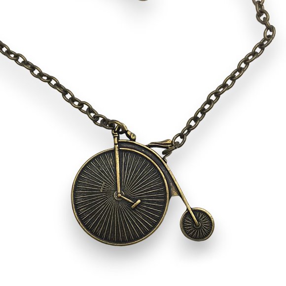 Antiqued Brass Penny farthing Bicycle Aged Bike Oxidized Charm Pendant Necklace - Picture 1 of 4